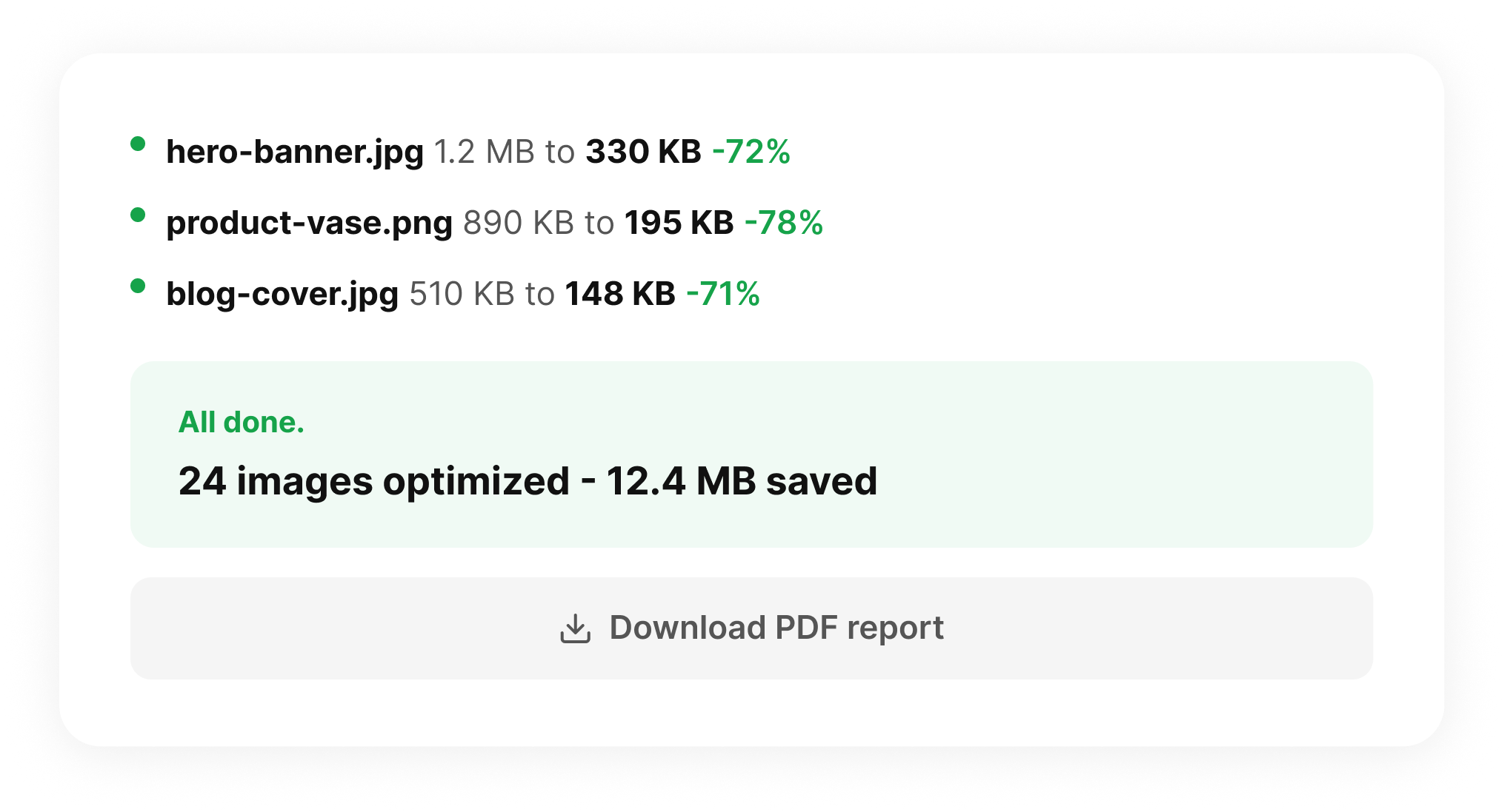 SquareOptimizer optimization complete showing before and after image file sizes