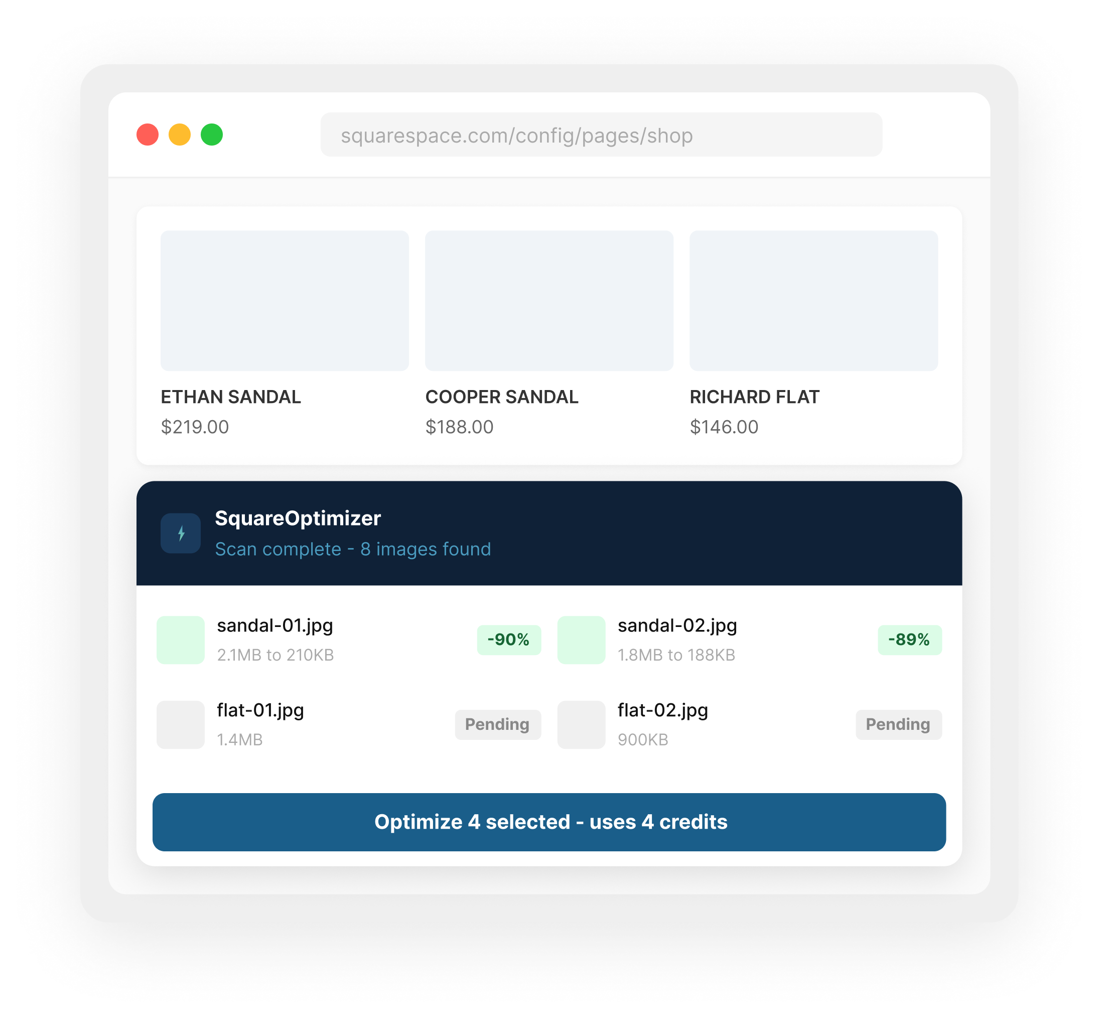 SquareOptimizer scanning all product images on a Squarespace shop page